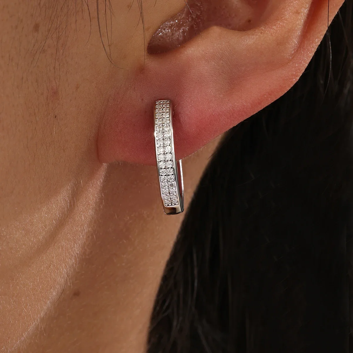 Polished 925 Sterling Silver Pavé Huggie Hoop Earrings