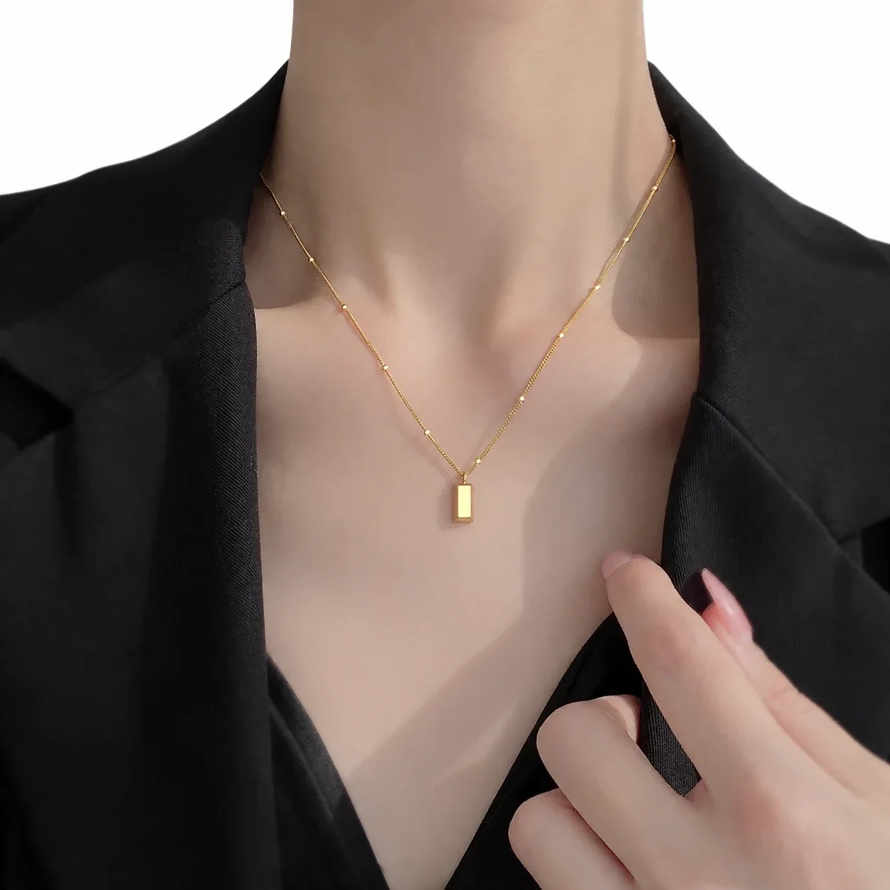 Polished 925 Sterling Silver Beaded Bar Pendant Necklace