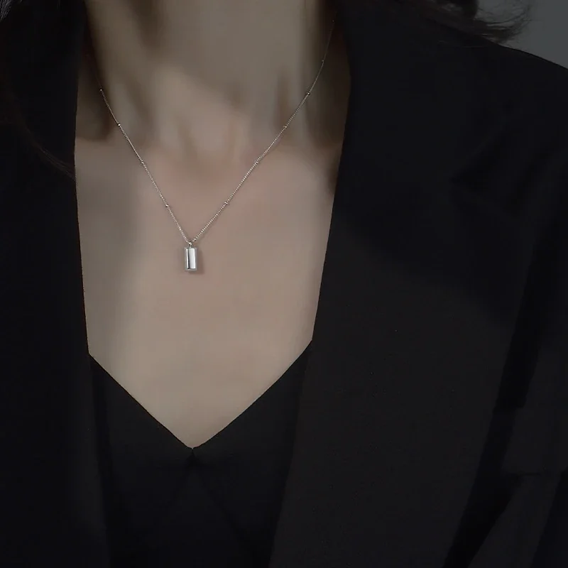 Polished 925 Sterling Silver Beaded Bar Pendant Necklace