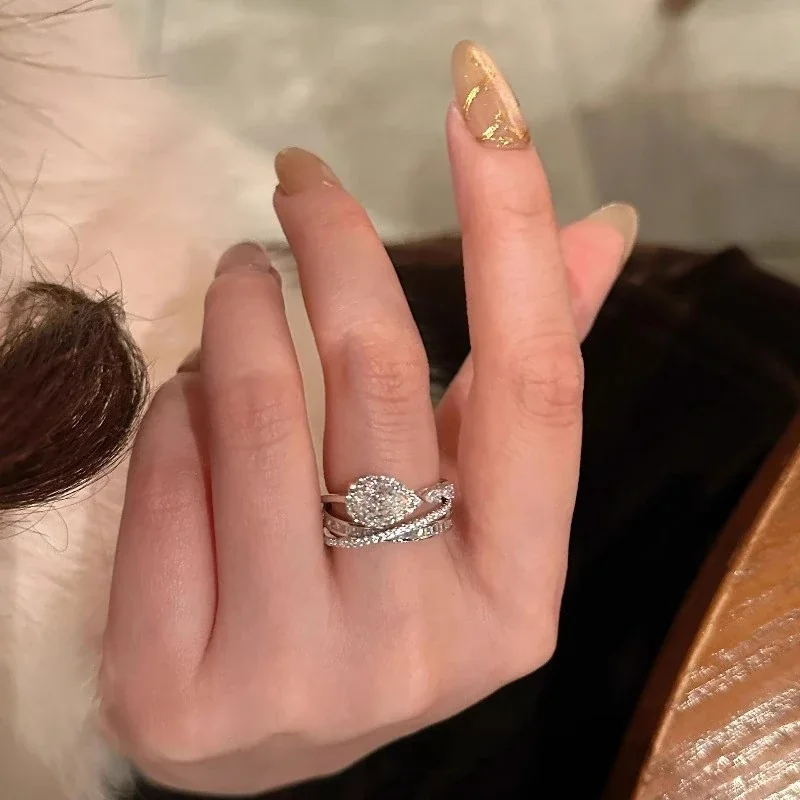 Refined Silver-Plated Teardrop Pavé Wrap Copper Ring