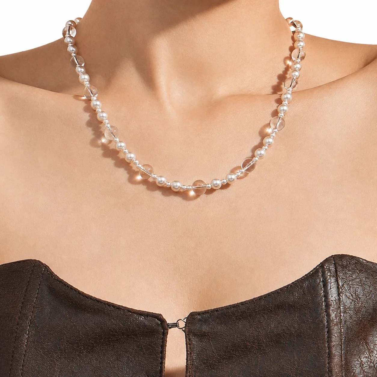 Irregular Pearl Clear Bead Gold-Plated Chain Necklace