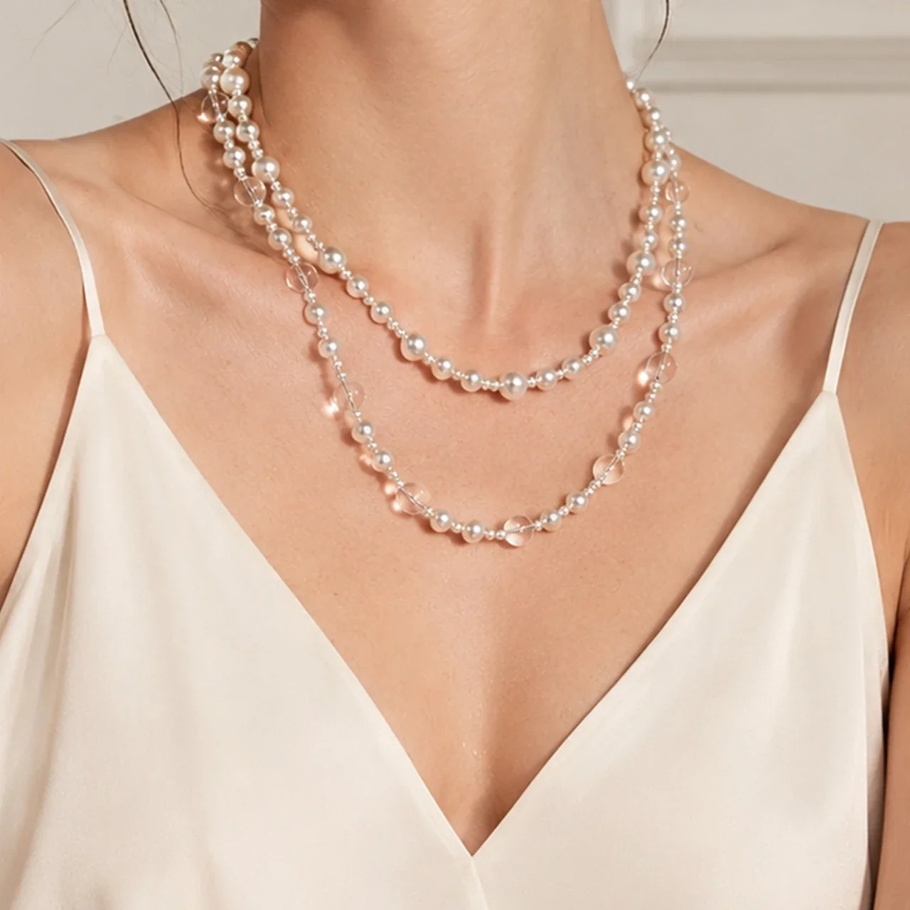 Irregular Pearl Clear Bead Gold-Plated Chain Necklace