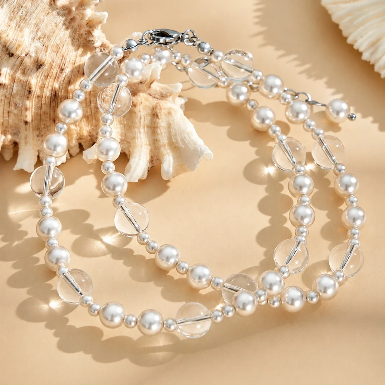 Irregular Pearl Clear Bead Gold-Plated Chain Necklace
