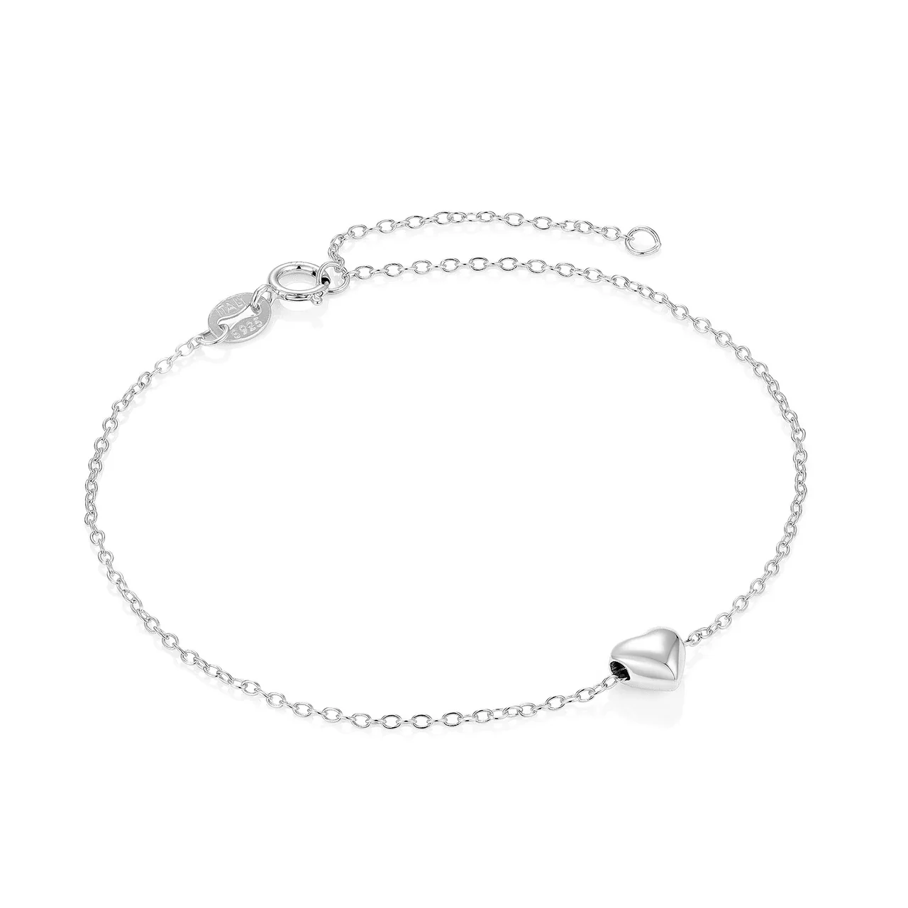 Polished Puff Heart Cable Chain 925 Sterling Silver Bracelet