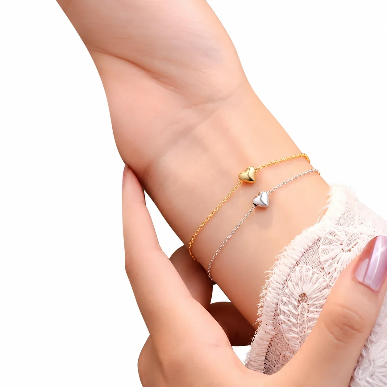 Polished Puff Heart Cable Chain 925 Sterling Silver Bracelet