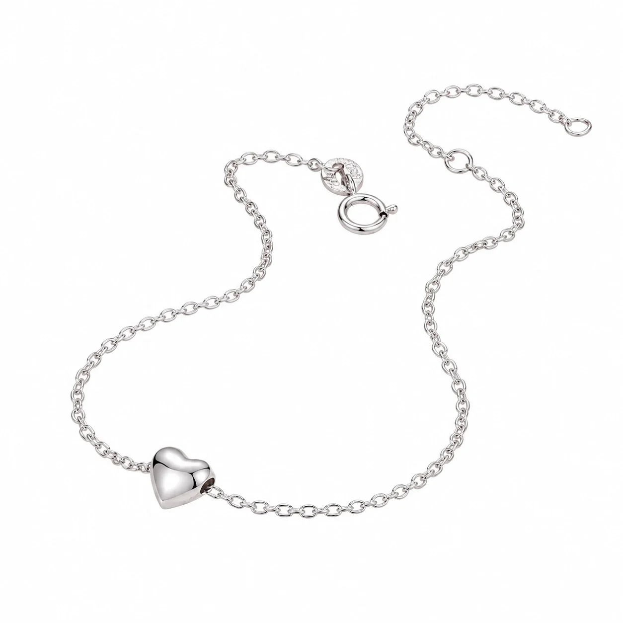 Polished Puff Heart Cable Chain 925 Sterling Silver Bracelet