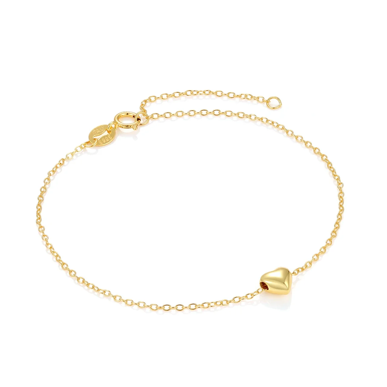 Polished Puff Heart Cable Chain 925 Sterling Silver Bracelet - Gold