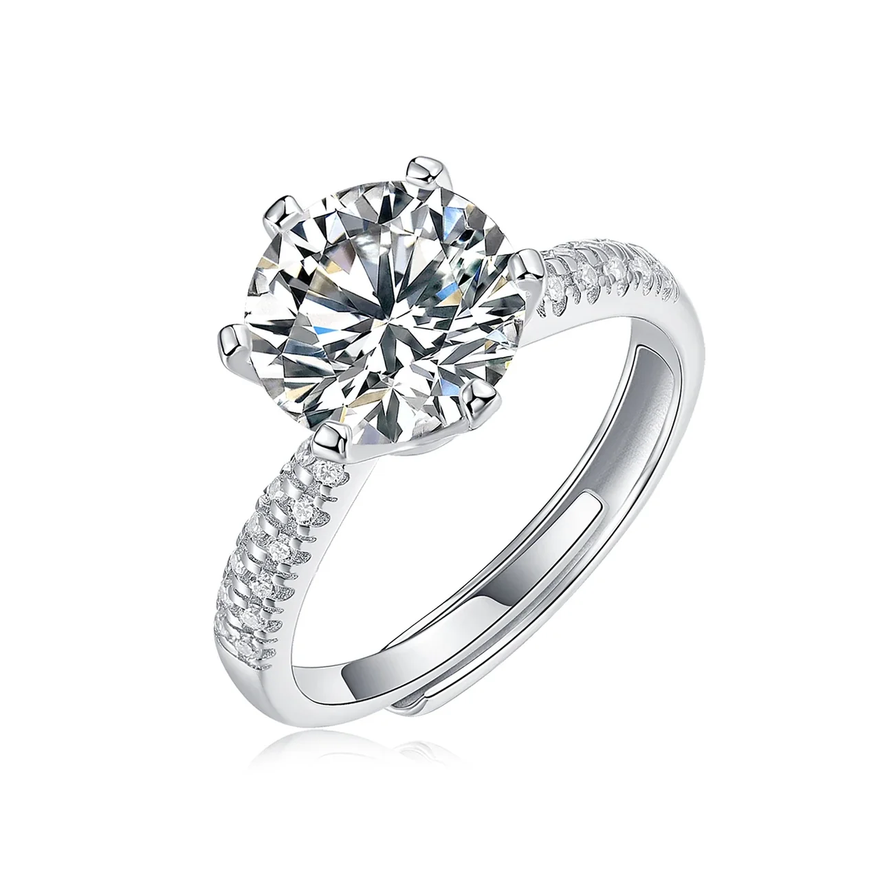 Radiant 925 Sterling Silver Round Six-Prong Pavé Moissanite Ring