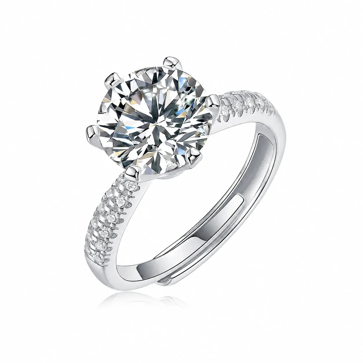 Radiant 925 Sterling Silver Round Six-Prong Pavé Moissanite Ring