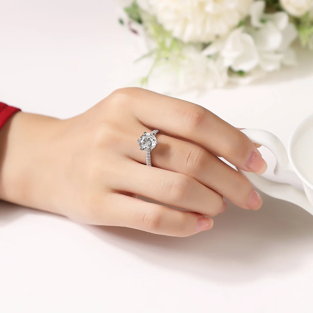 Radiant 925 Sterling Silver Round Six-Prong Pavé Moissanite Ring
