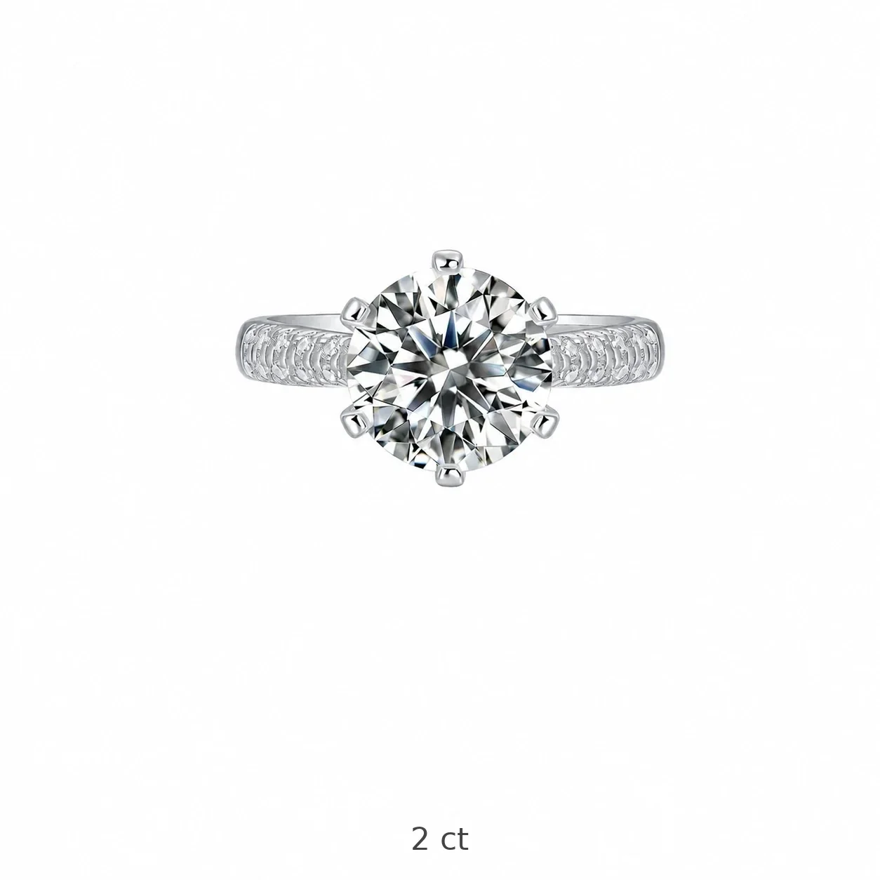 Radiant 925 Sterling Silver Round Six-Prong Pavé Moissanite Ring - 2 ct Moissanite