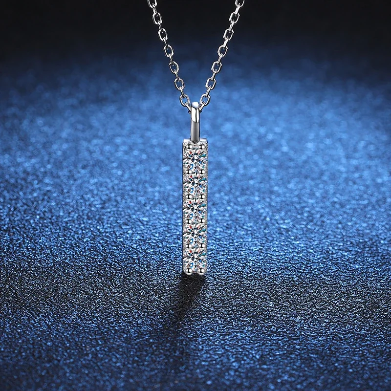 Linear 925 Sterling Silver Round Moissanite Bar Necklace