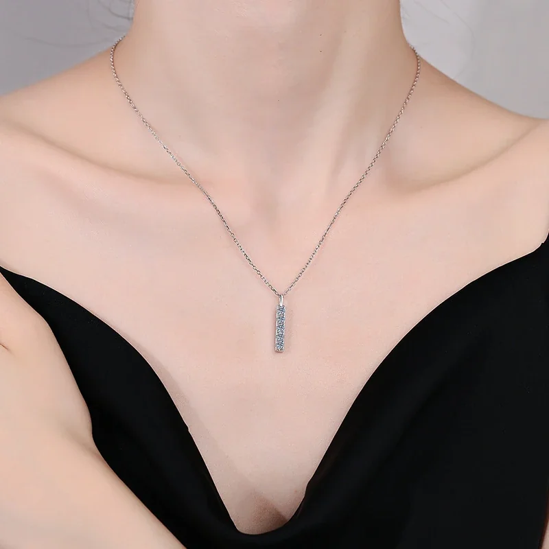 Linear 925 Sterling Silver Round Moissanite Bar Necklace