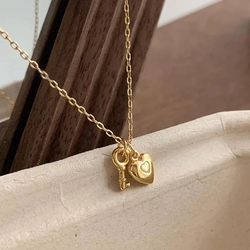 Delicate 925 Sterling Silver Heart Lock and Key Necklace