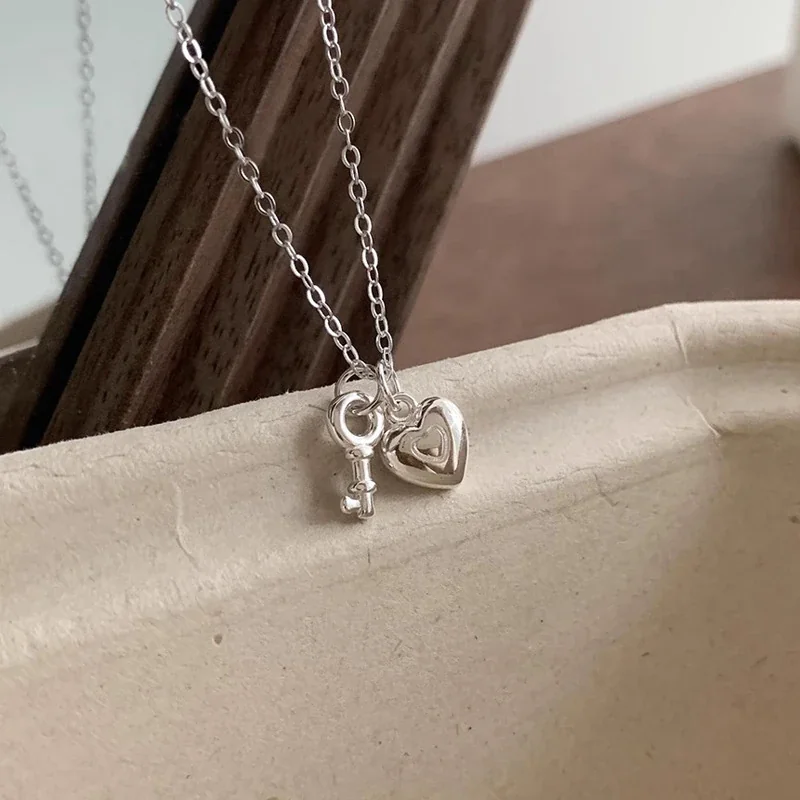 Delicate 925 Sterling Silver Heart Lock and Key Necklace