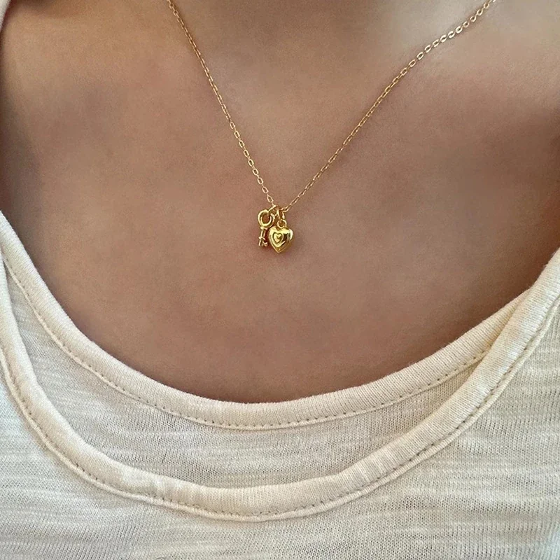 Delicate 925 Sterling Silver Heart Lock and Key Necklace