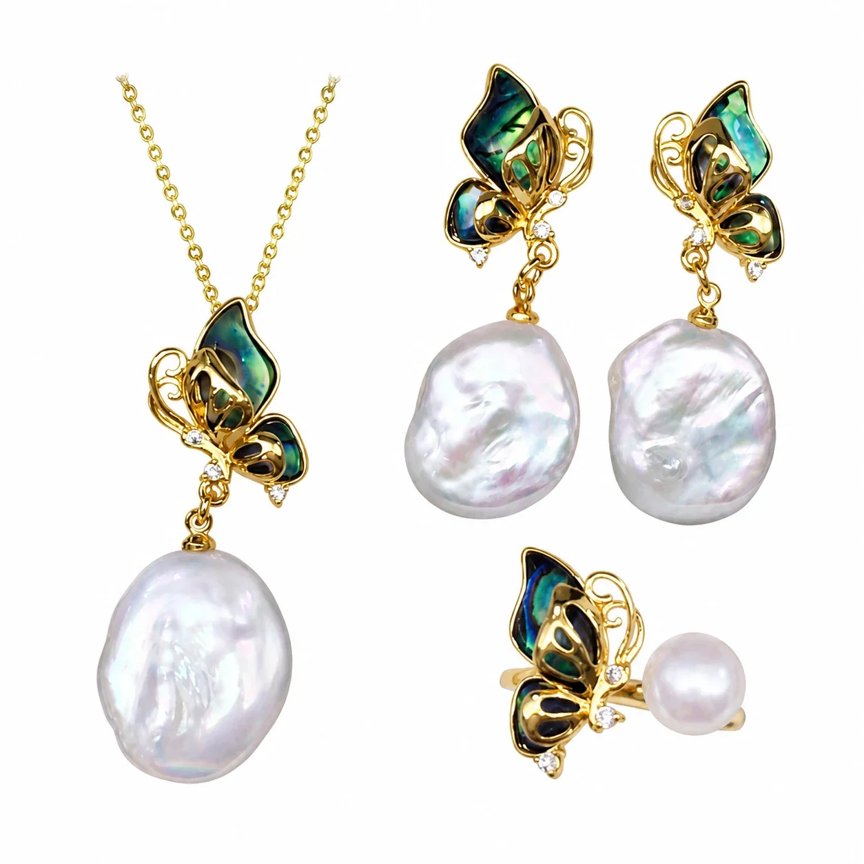 Lustrous Gold-Plated Butterfly Baroque Freshwater Pearl Jewelry Set