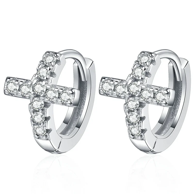 Bright Cross Pavé Moissanite 925 Sterling Silver Hoop Earrings