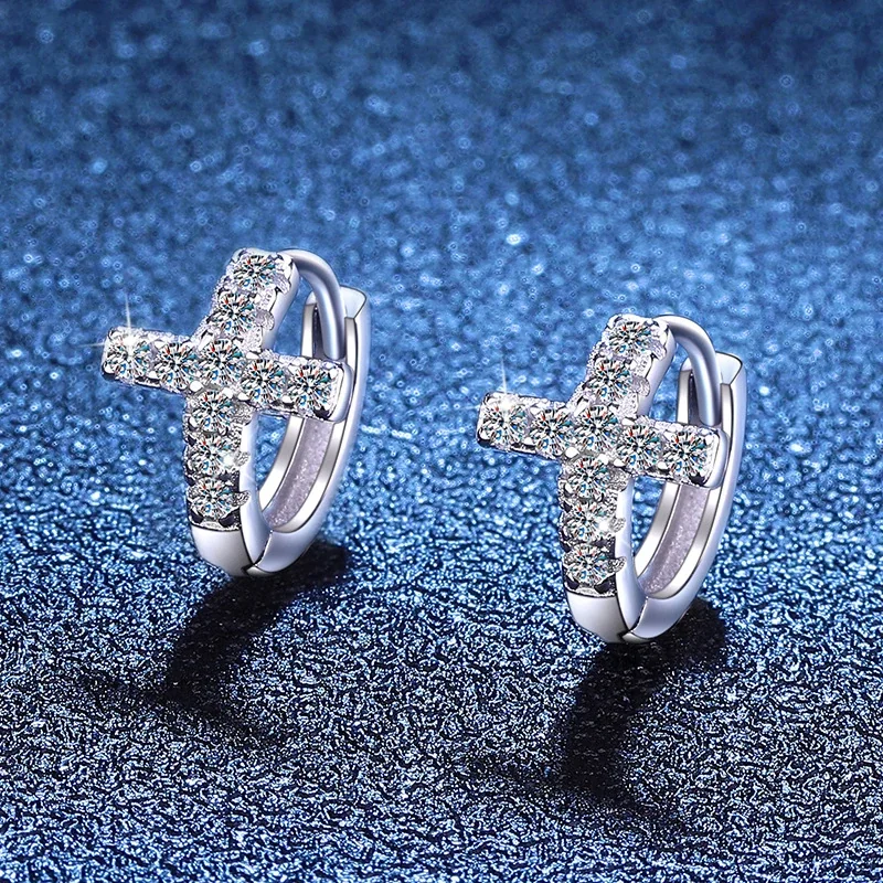 Bright Cross Pavé Moissanite 925 Sterling Silver Hoop Earrings