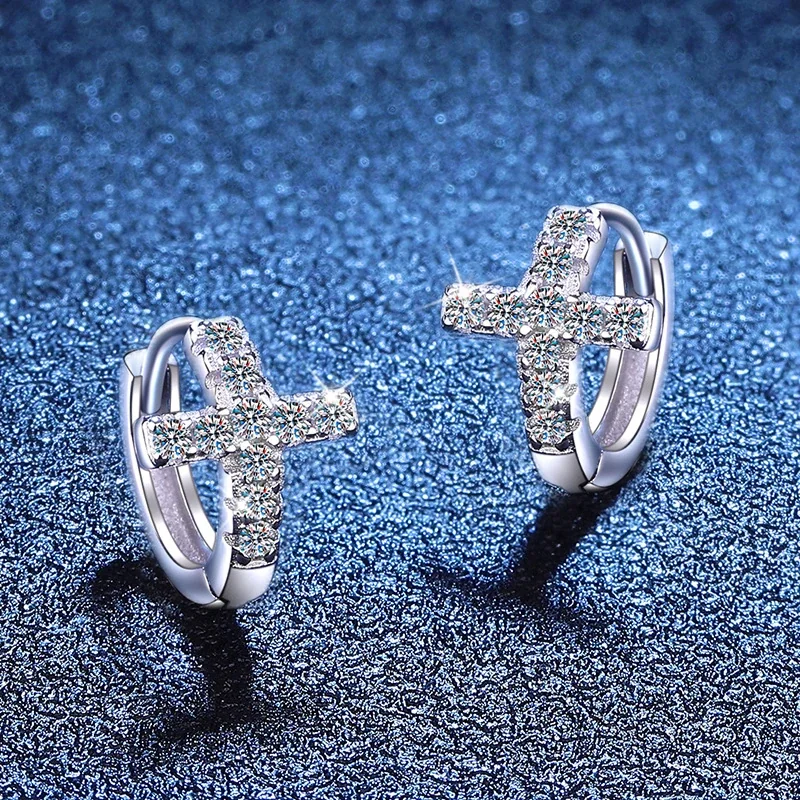 Bright Cross Pavé Moissanite 925 Sterling Silver Hoop Earrings
