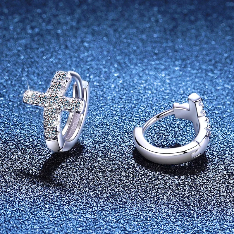 Bright Cross Pavé Moissanite 925 Sterling Silver Hoop Earrings