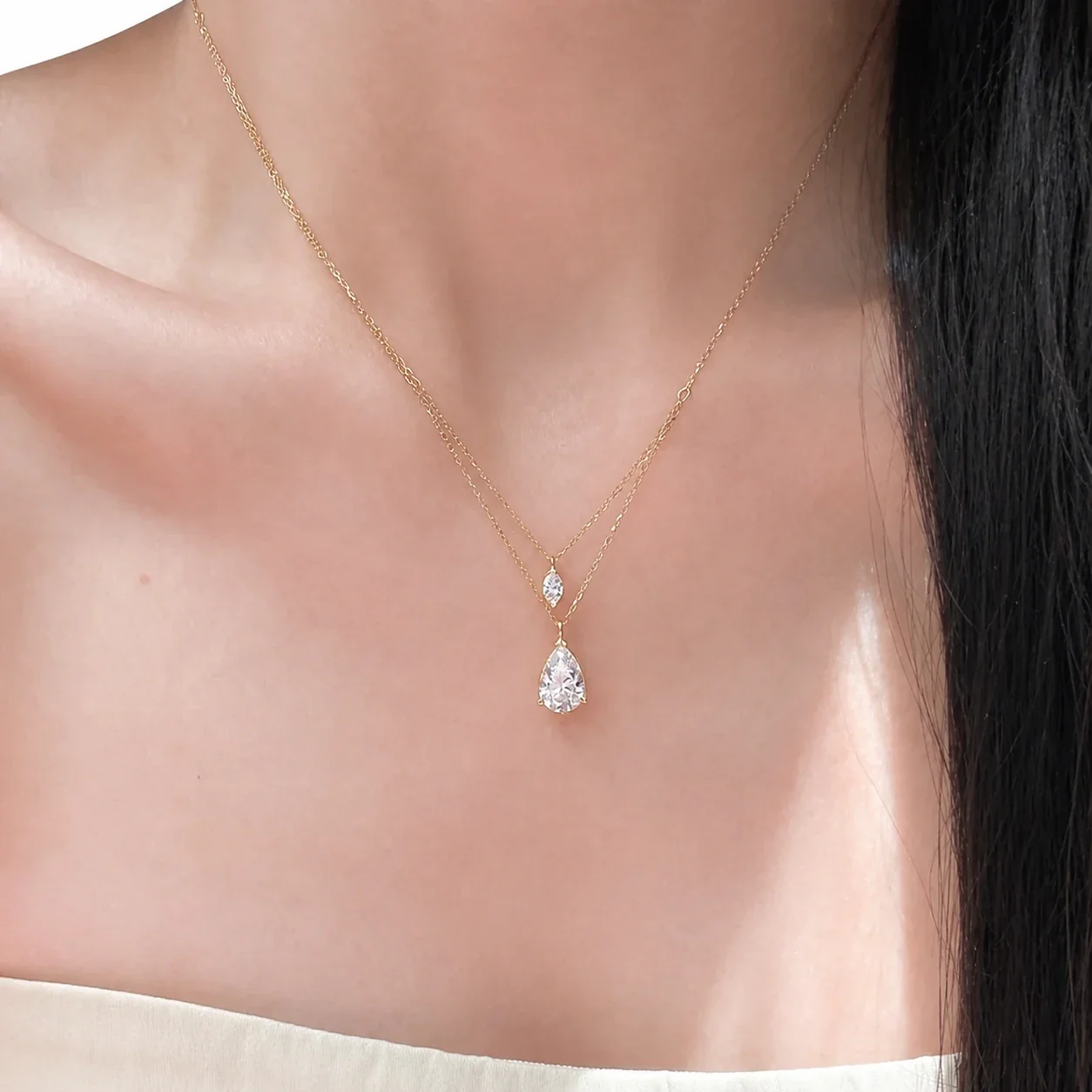 Airy Rose Gold-Plated Double-Layer Teardrop Crystal Necklace