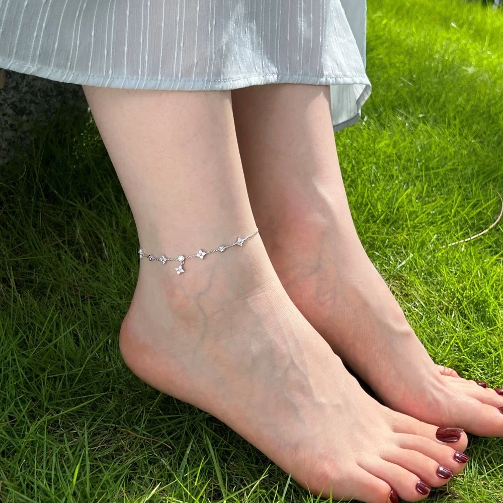 Delicate Clover & Bezel Round 925 Sterling Silver Anklet