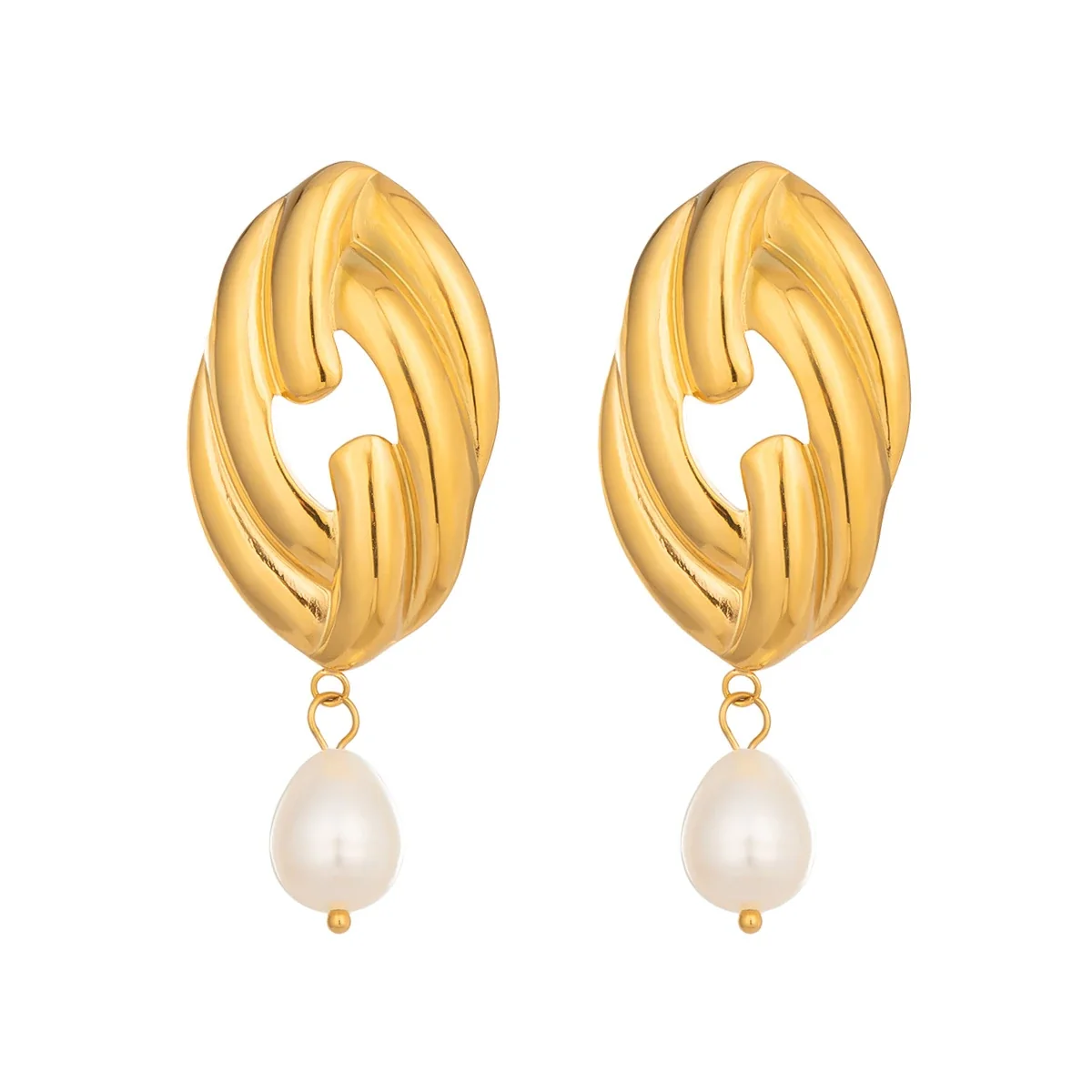 Sculptural Stainless Steel Oval Link Pearl Drop Earrings