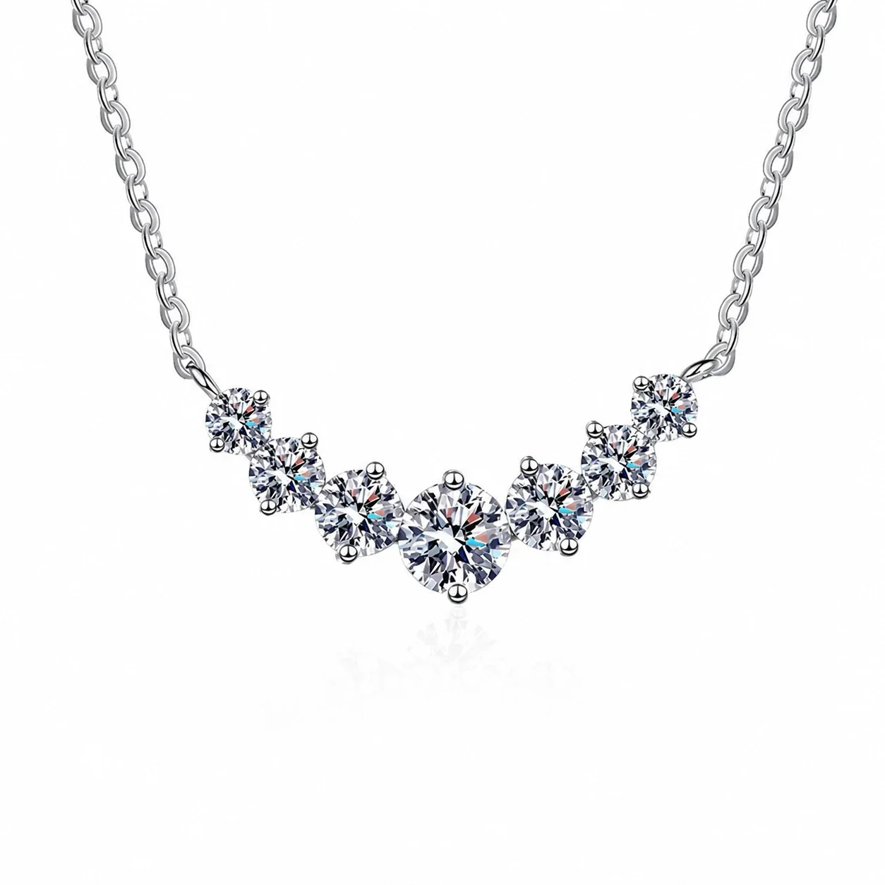 Curved Seven-Stone 925 Sterling Silver Moissanite Necklace - 6.5 mm High Carbon Stone