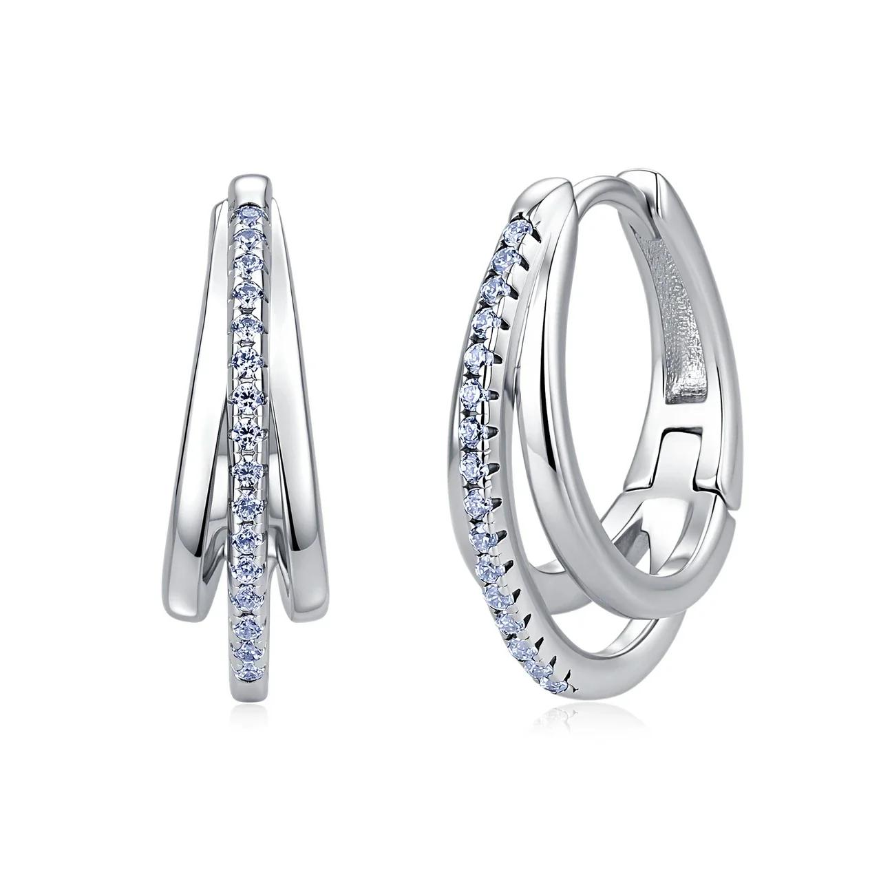 Sculptural 925 Sterling Silver Double-Hoop Prong-Set Earrings