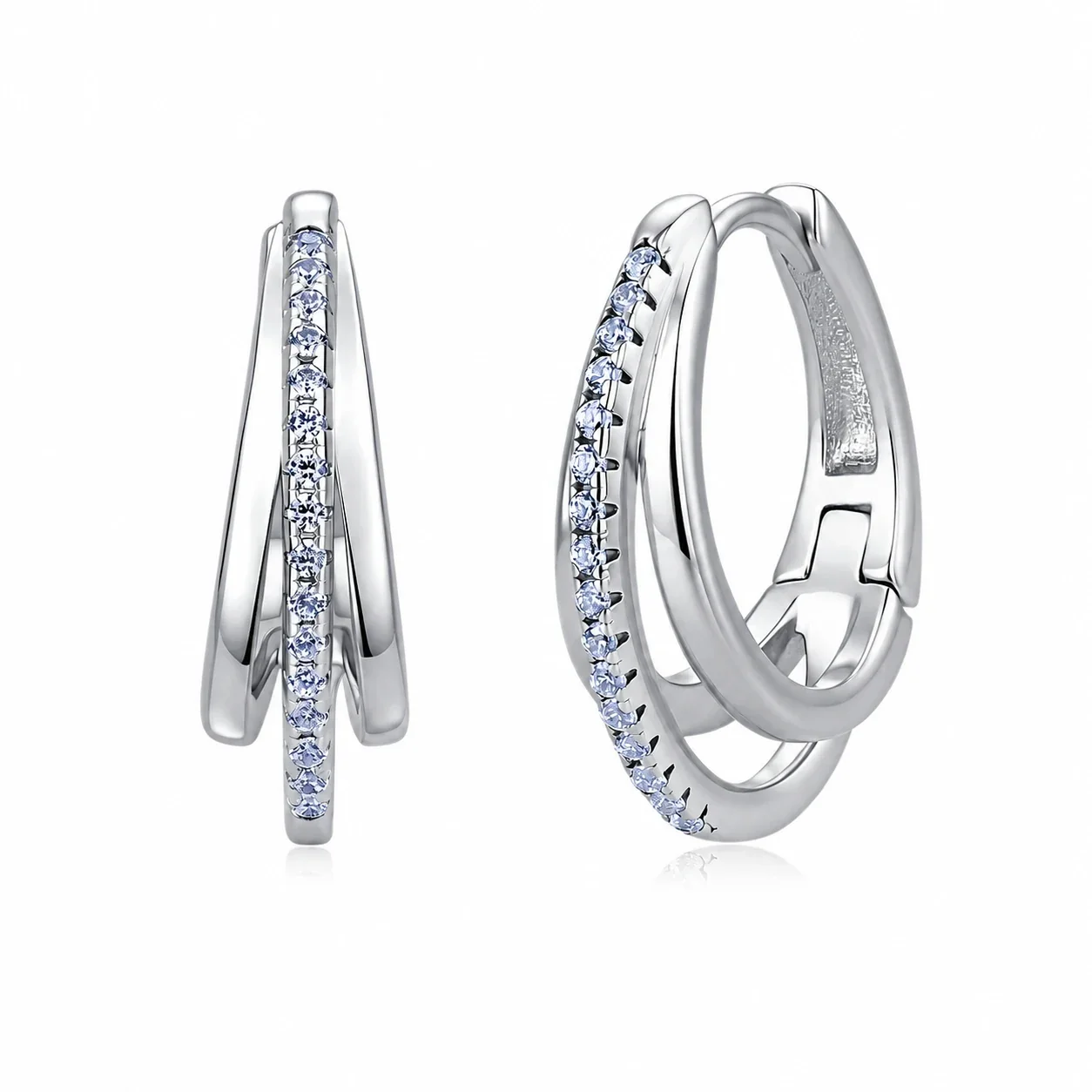 Sculptural 925 Sterling Silver Double-Hoop Prong-Set Earrings