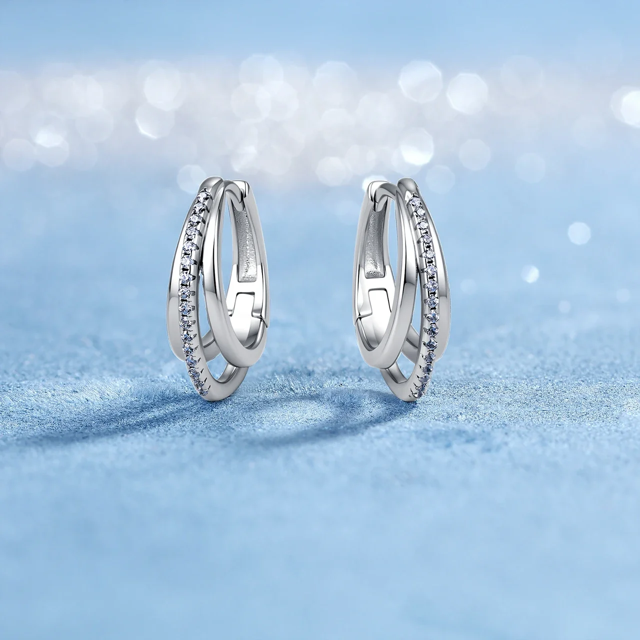 Sculptural 925 Sterling Silver Double-Hoop Prong-Set Earrings