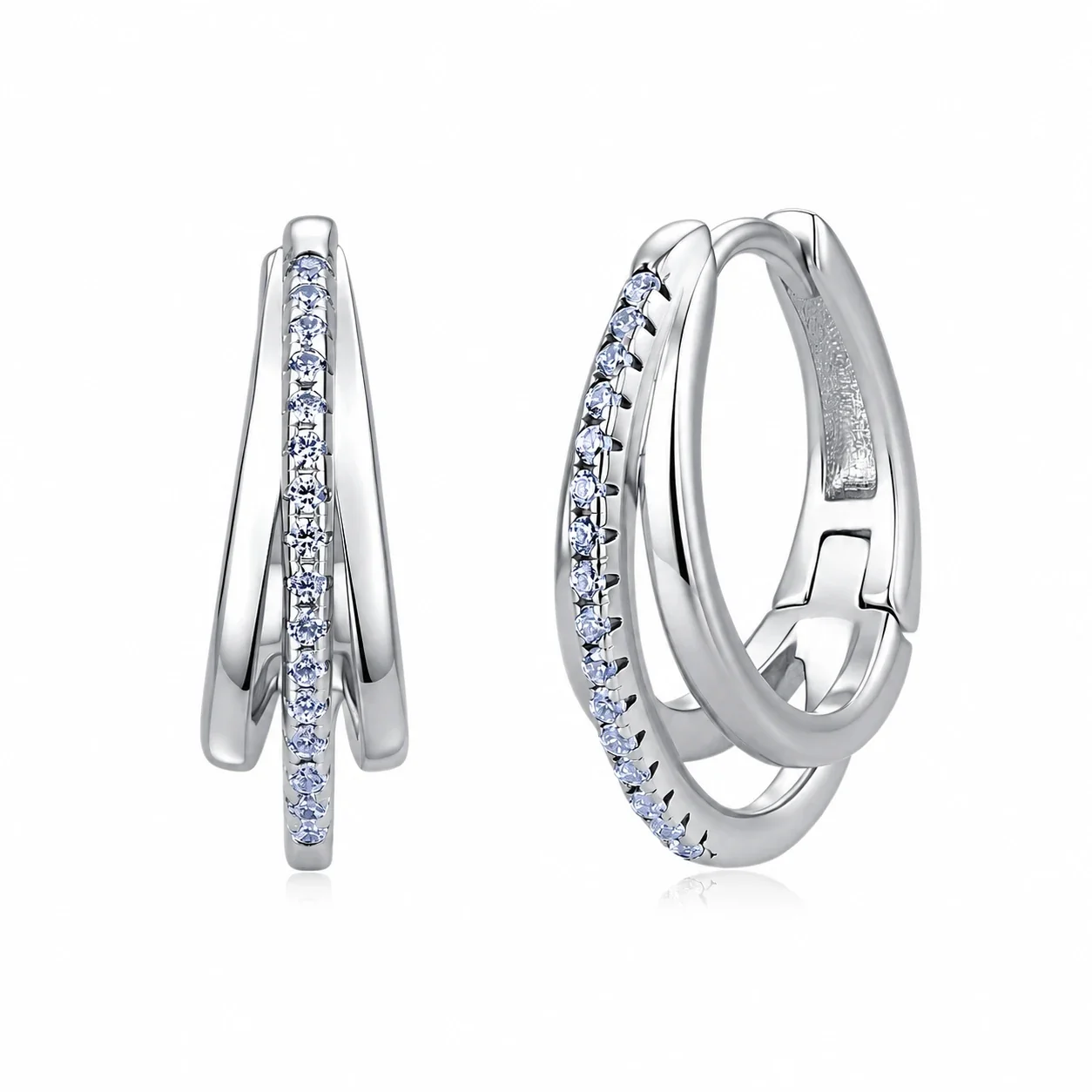 Sculptural 925 Sterling Silver Double-Hoop Prong-Set Earrings - Silver, GRA Certificate Included