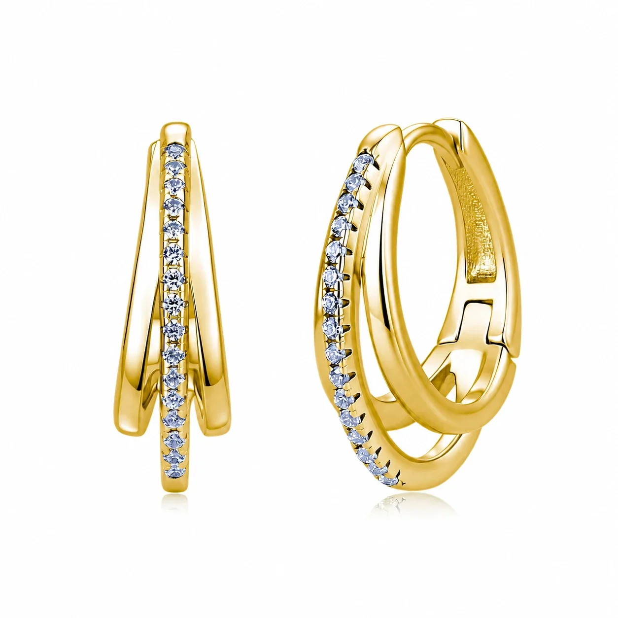 Sculptural 925 Sterling Silver Double-Hoop Prong-Set Earrings - Gold, GRA Certificate Included