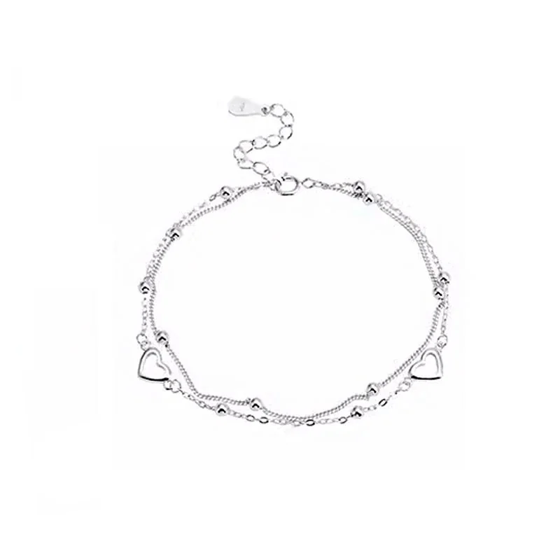 Delicate 925 Sterling Silver Double-Chain Heart Bracelet
