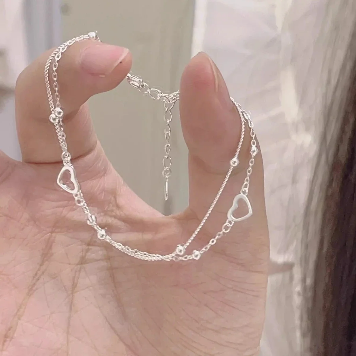 Delicate 925 Sterling Silver Double-Chain Heart Bracelet