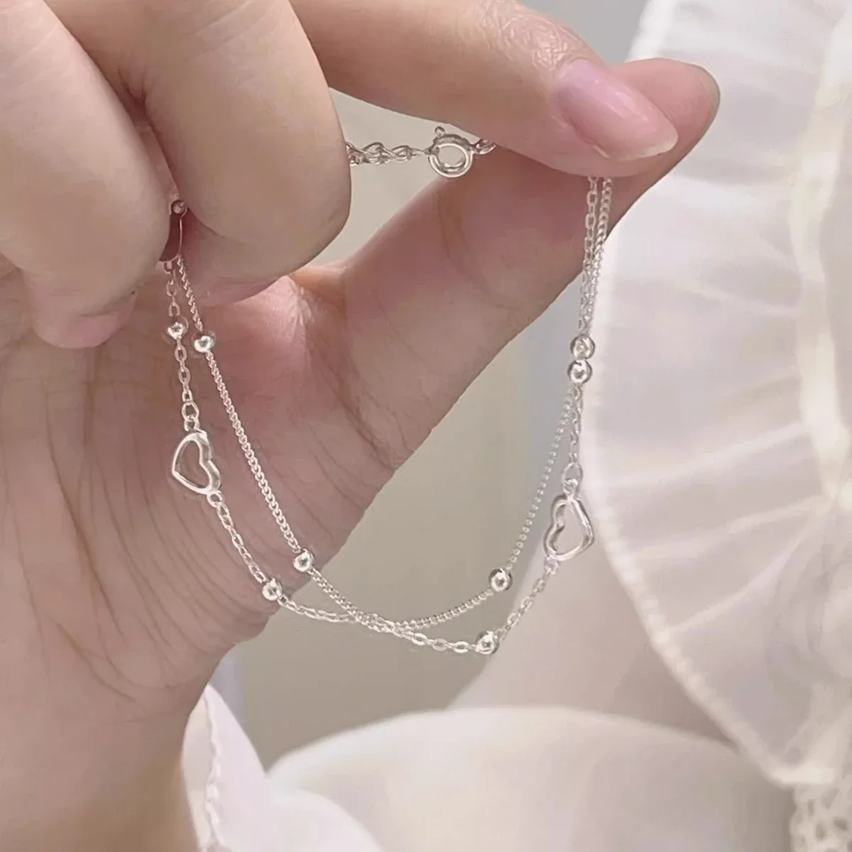 Delicate 925 Sterling Silver Double-Chain Heart Bracelet