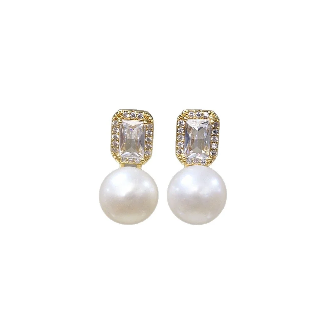 Refined Gold-Plated Emerald-Cut CZ Freshwater Pearl Earrings
