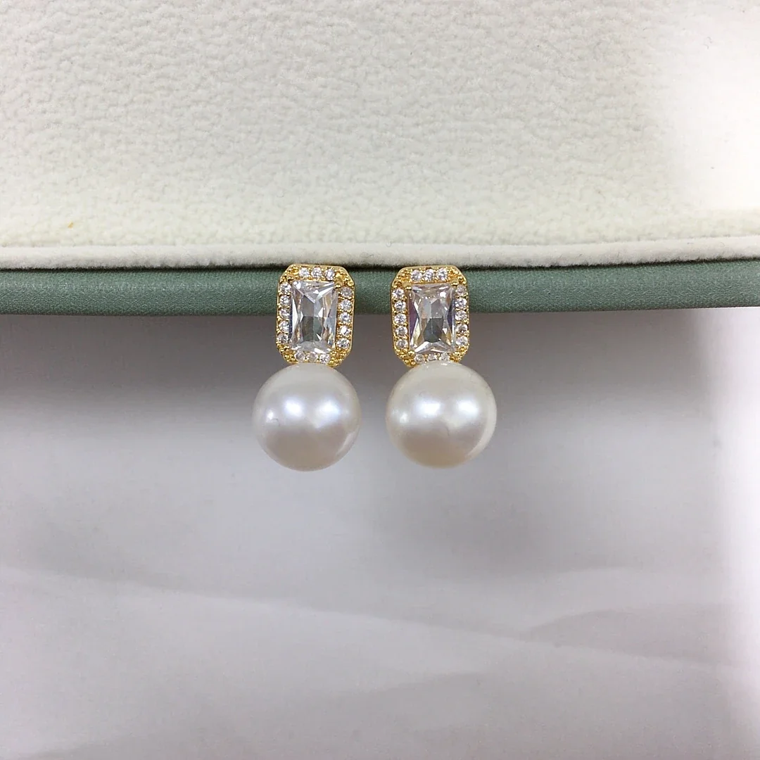 Refined Gold-Plated Emerald-Cut CZ Freshwater Pearl Earrings