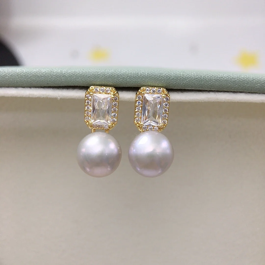 Refined Gold-Plated Emerald-Cut CZ Freshwater Pearl Earrings
