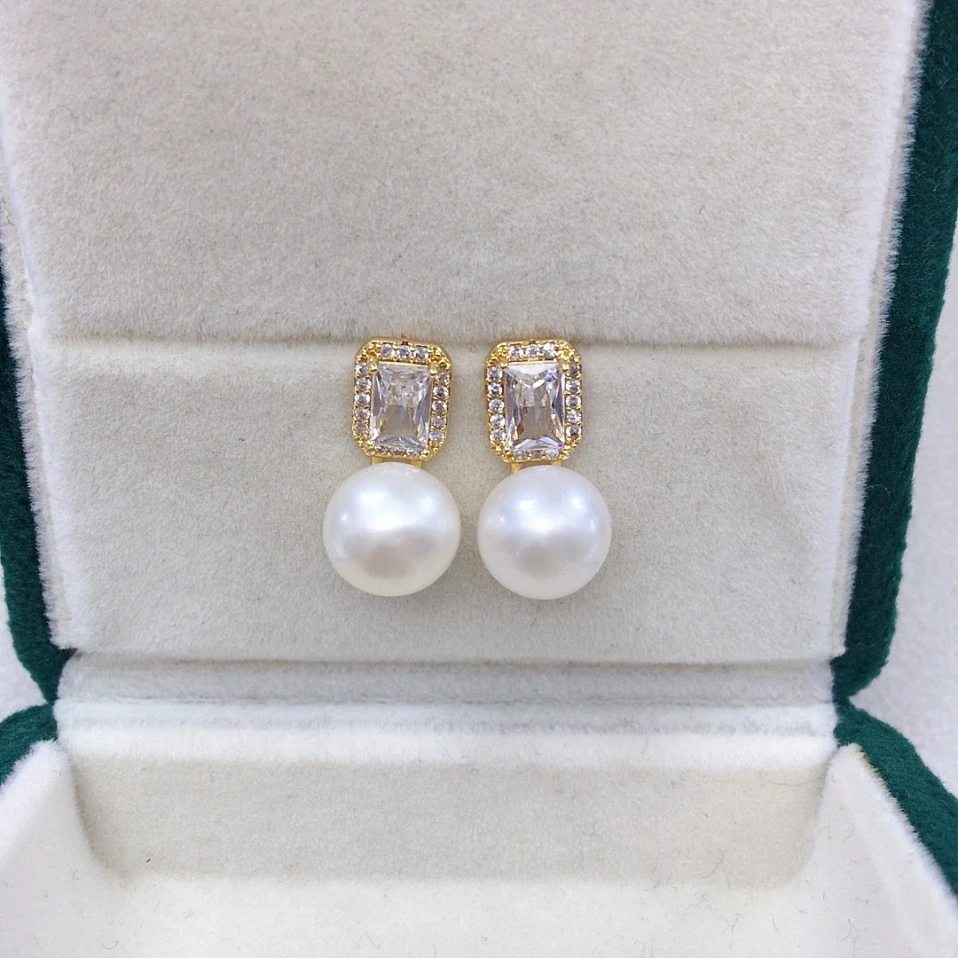 Refined Gold-Plated Emerald-Cut CZ Freshwater Pearl Earrings
