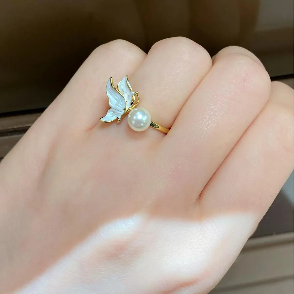 Carved Butterfly Gold-Plated Freshwater Pearl Open Ring