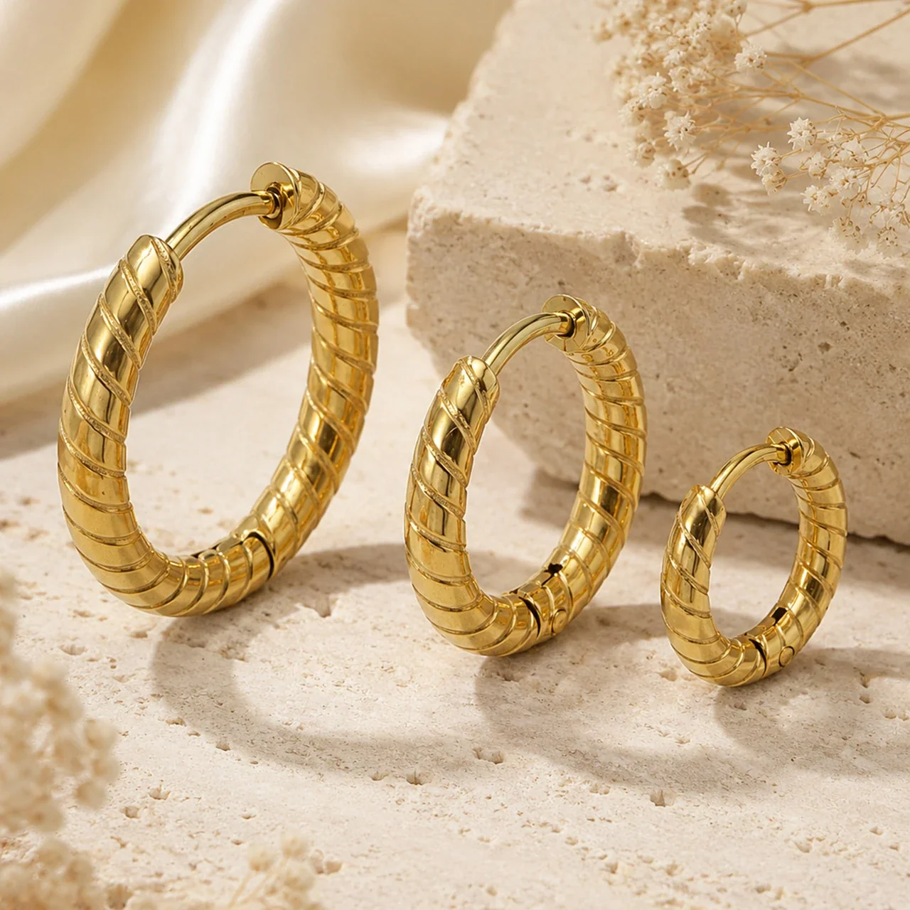 Sculpted Ribbed Stainless Steel C-Hoop Earrings