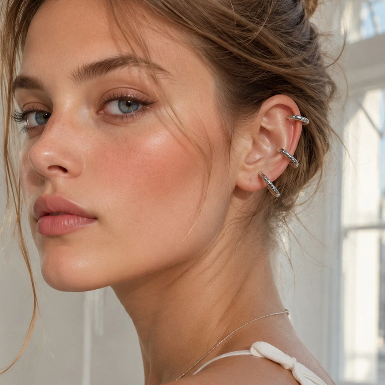 Sculpted Ribbed Stainless Steel C-Hoop Earrings