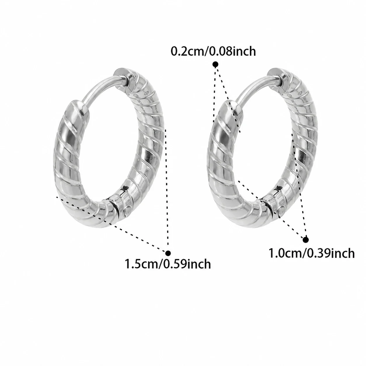 Sculpted Ribbed Stainless Steel C-Hoop Earrings - Silver 10 mm