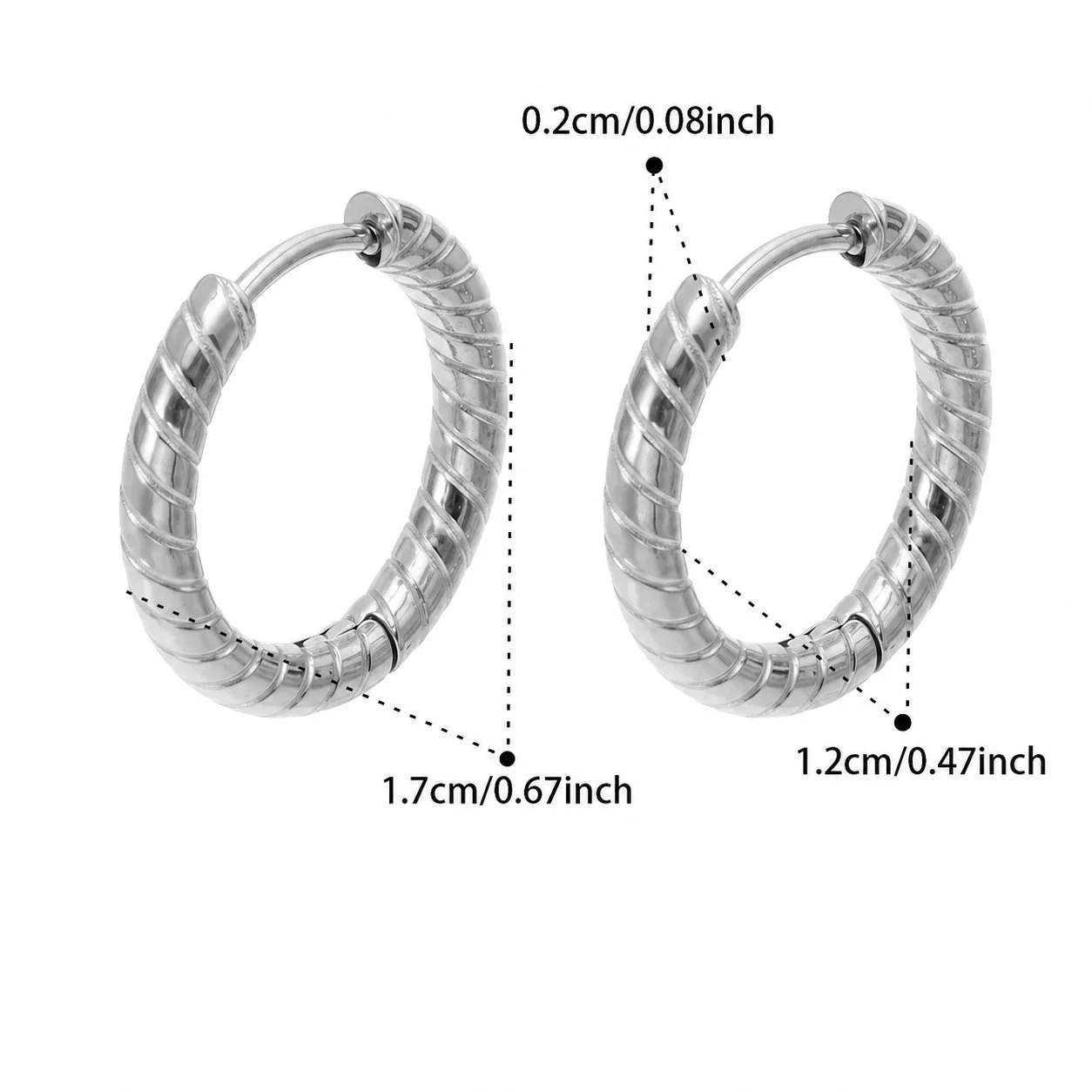 Sculpted Ribbed Stainless Steel C-Hoop Earrings - Silver 12 mm