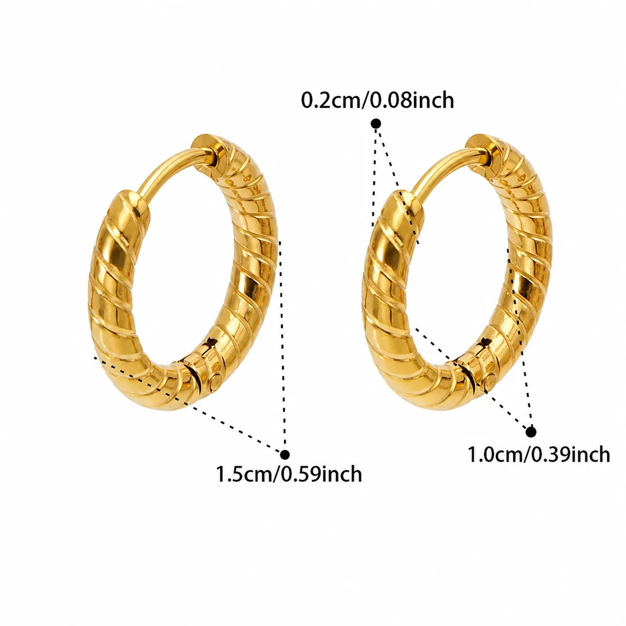Sculpted Ribbed Stainless Steel C-Hoop Earrings - Gold 10 mm