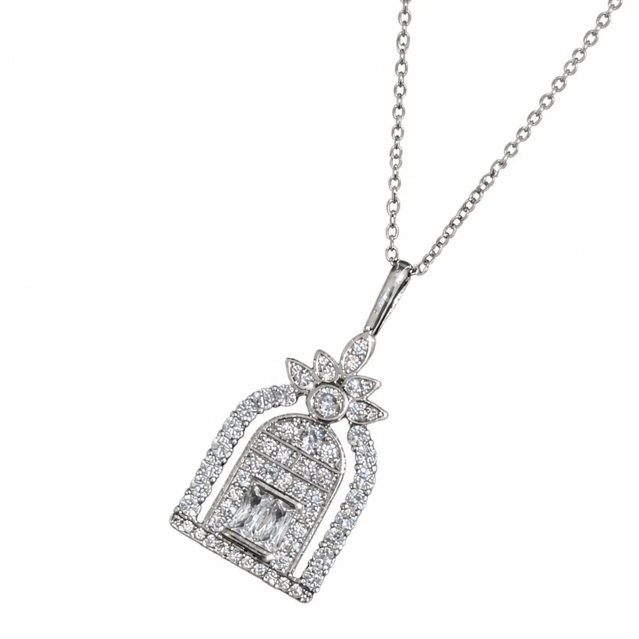 Ornate Silver-Plated Copper Doorway Pavé Pendant Necklace
