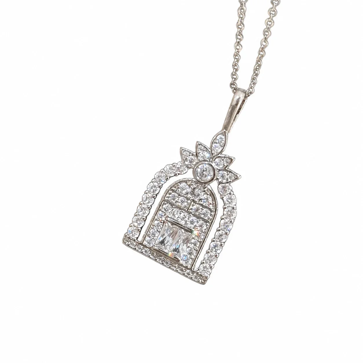 Ornate Silver-Plated Copper Doorway Pavé Pendant Necklace