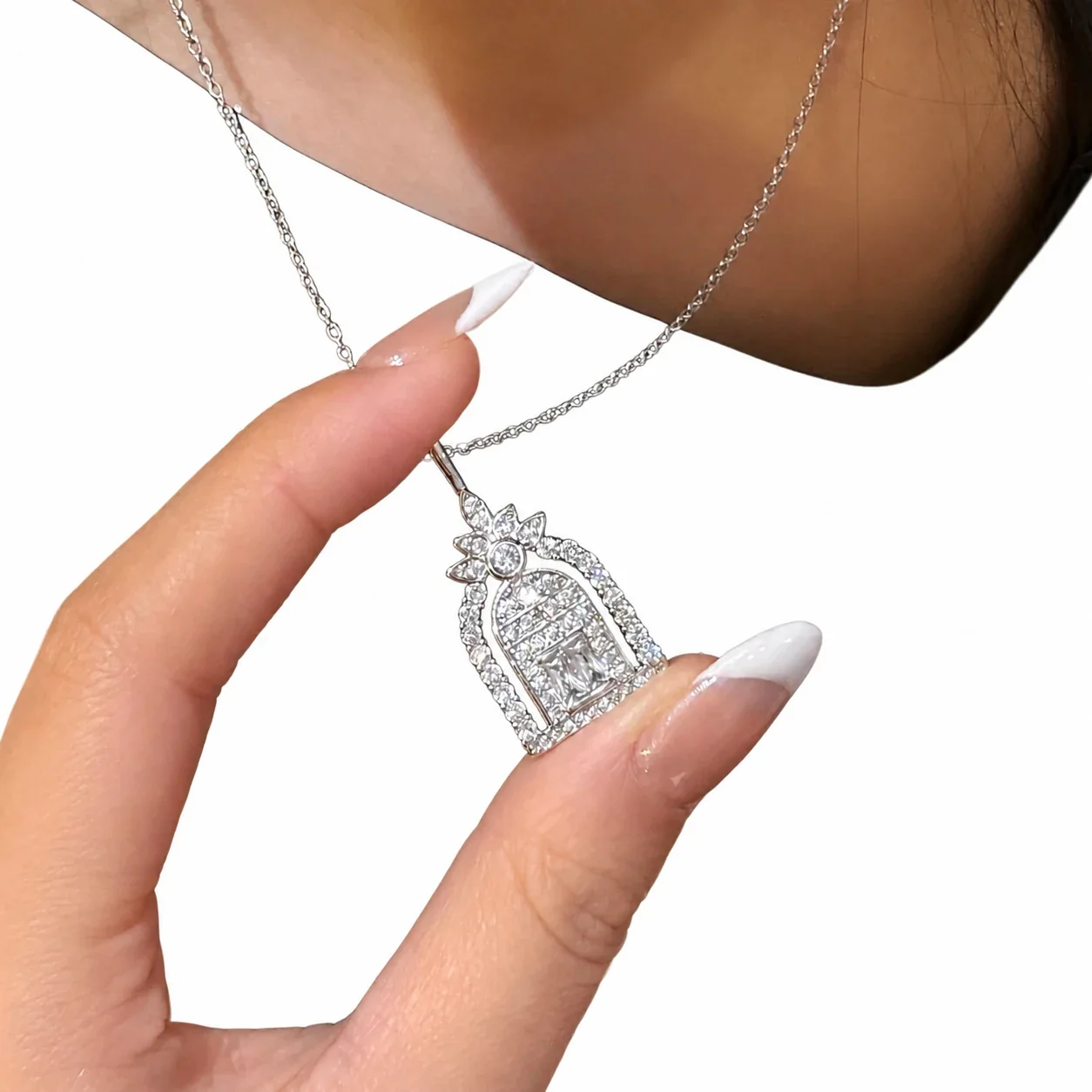 Ornate Silver-Plated Copper Doorway Pavé Pendant Necklace